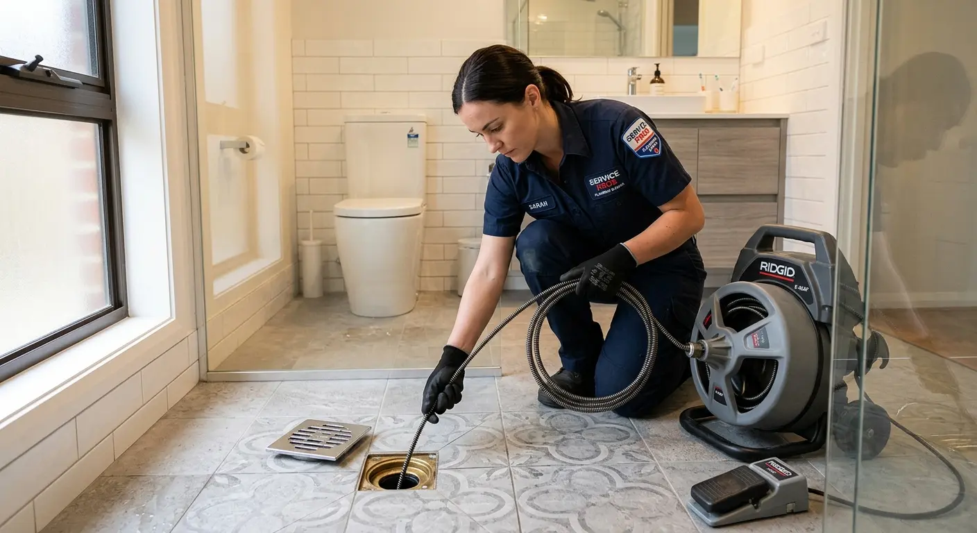 Technician clearing a bathroom floor drain for Sewer Line Replacement in Morris Plains